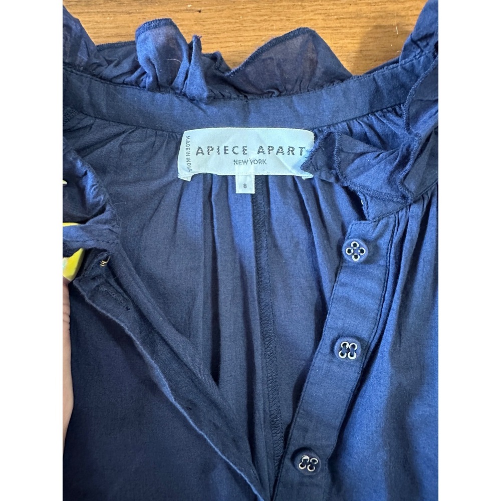 Apiece Apart Popover Cotton Blouse 8 Navy Blue Peasant 3/4 Balloon Sleeve Top - Picture 6 of 11